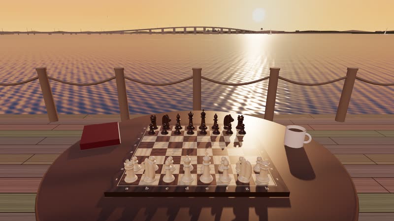 A chess set on a table on a bayside deck at sunset