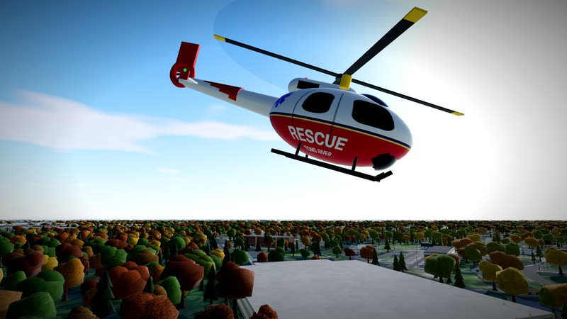 Rescue helicopter flying over town