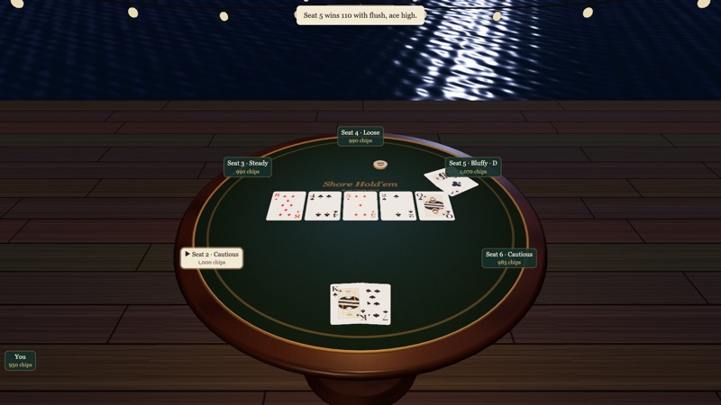 A Texas Hold'em table under string lights on a deck over Barnegat Bay at night