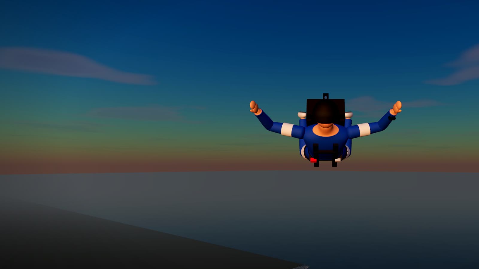 A skydiver in freefall over the Jersey Shore at sunset